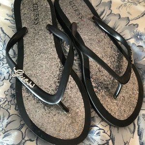 Guess Black and Silver Glitter Flip Flops